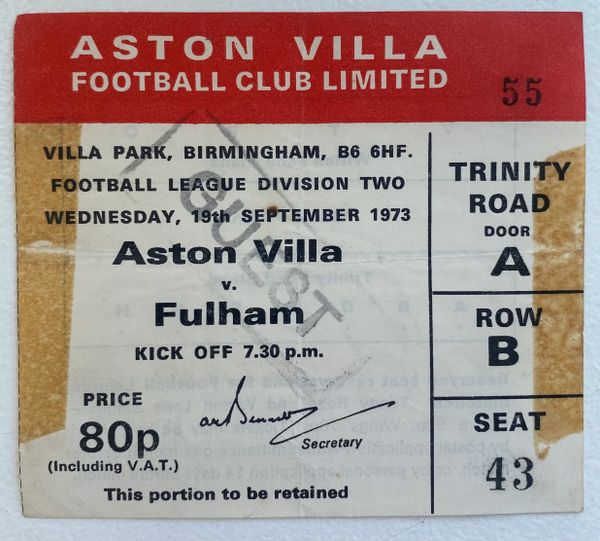 1973/74 ORIGINAL DIVISION TWO TICKET ASTON VILLA V FULHAM