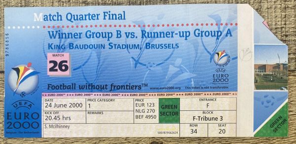 2000 ORIGINAL UNUSED EUROPEAN CHAMPIONSHIPS QUARTER FINAL TICKET ITALY V ROMANIA @BRUSSELS