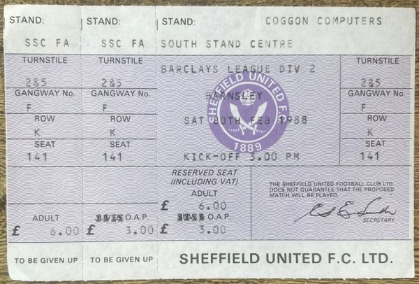 1987/88 ORIGINAL DIVISION TWO UNUSED TICKET SHEFFIELD UNITED V BARNSLEY