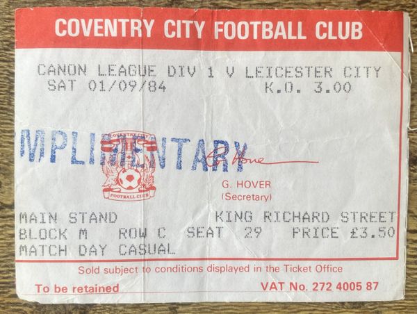 1984/85 ORIGINAL DIVISION ONE TICKET COVENTRY CITY V LEICESTER CITY