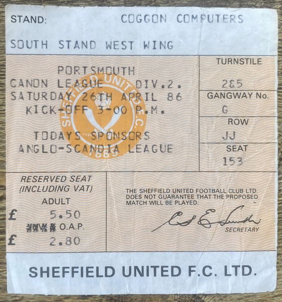 1985/86 ORIGINAL DIVISION TWO TICKET SHEFFIELD UNITED V PORTSMOUTH