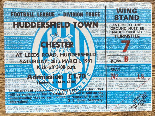 1980/81 ORIGINAL DIVISION THREE TICKET HUDDERSFIELD TOWN V CHESTER