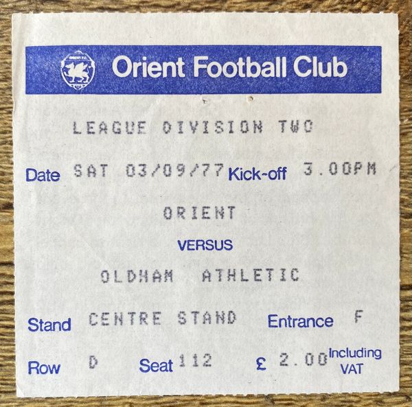 1976/77 ORIGINAL DIVISION TWO TICKET ORIENT V OLDHAM ATHLETIC