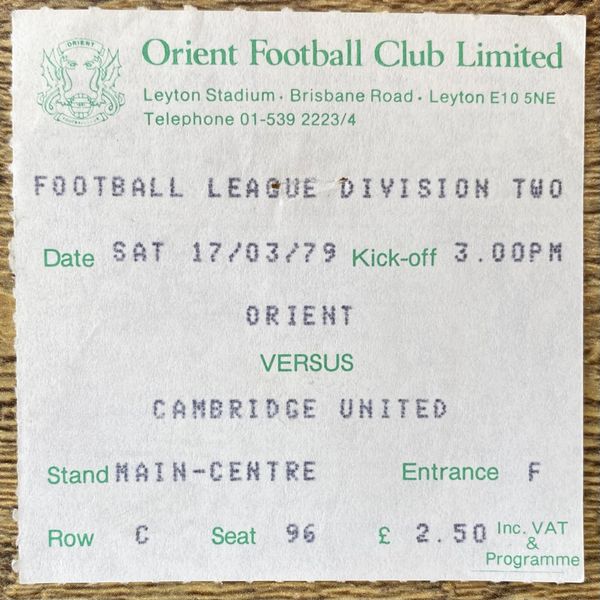 1978/79 ORIGINAL DIVISION TWO TICKET ORIENT V CAMBRIDGE UNITED