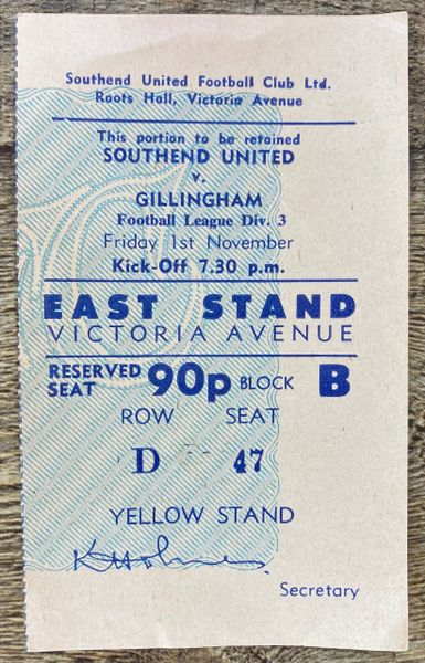 1974/75 ORIGINAL DIVISION THREE TICKET SOUTHEND UNITED V GILLINGHAM