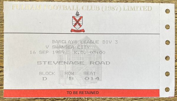 1989/90 ORIGINAL DIVISION THREE TICKET FULHAM V SWANSEA CITY