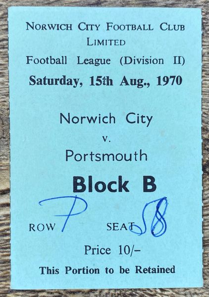 1970/71 ORIGINAL DIVISION TWO TICKET NORWICH CITY V PORTSMOUTH