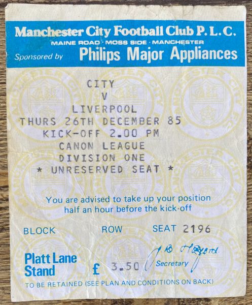 1985/86 ORIGINAL DIVISION ONE TICKET MANCHESTER CITY V LIVERPOOL (LIVERPOOL ALLOCATION)