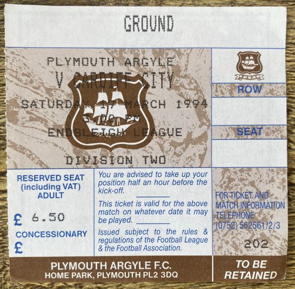 1993/94 ORIGINAL DIVISION TWO TICKET PLYMOUTH ARGYLE V CARDIFF CITY