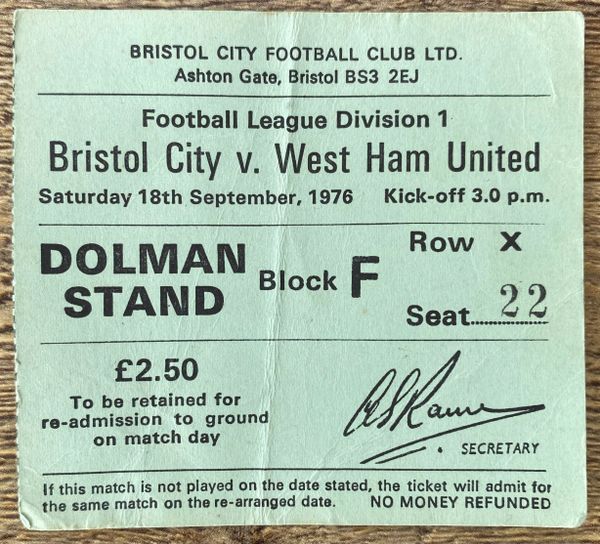 1976/77 ORIGINAL DIVISION ONE TICKET BRISTOL CITY V WEST HAM UNITED