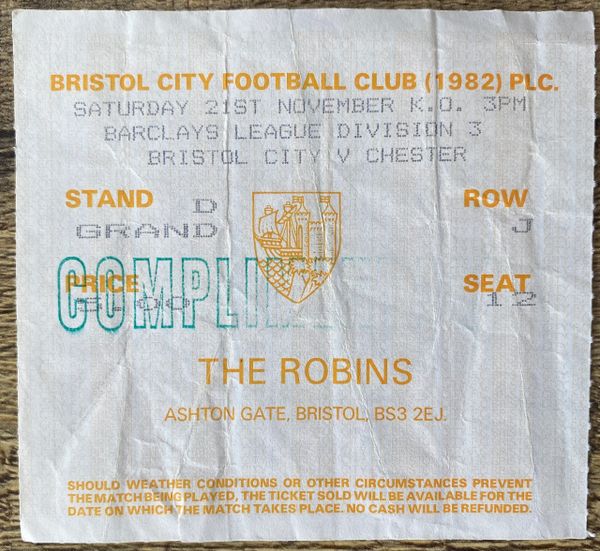 1987/88 ORIGINAL DIVISION THREE TICKET BRISTOL CITY V CHESTER