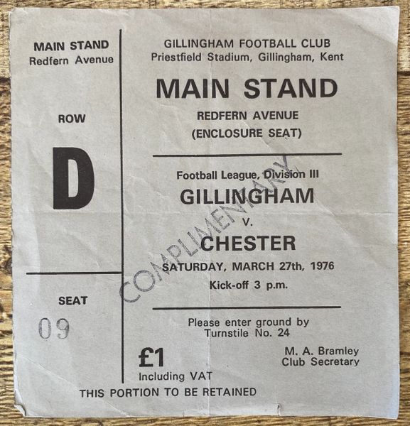 1975/76 ORIGINAL DIVISION THREE TICKET GILLINGHAM V CHESTER