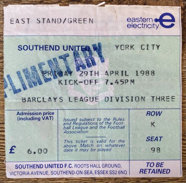 1987/88 ORIGINAL DIVISION THREE TICKET SOUTHEND UNITED V YORK CITY