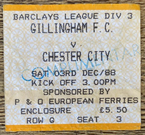 1988/89 ORIGINAL DIVISION THREE TICKET GILLINGHAM V CHESTER CITY