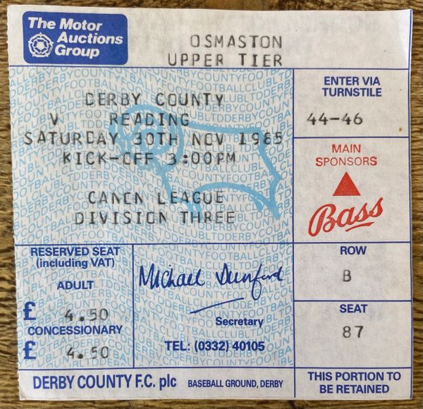 1985/86 ORIGINAL DIVISION THREE TICKET DERBY COUNTY V READING