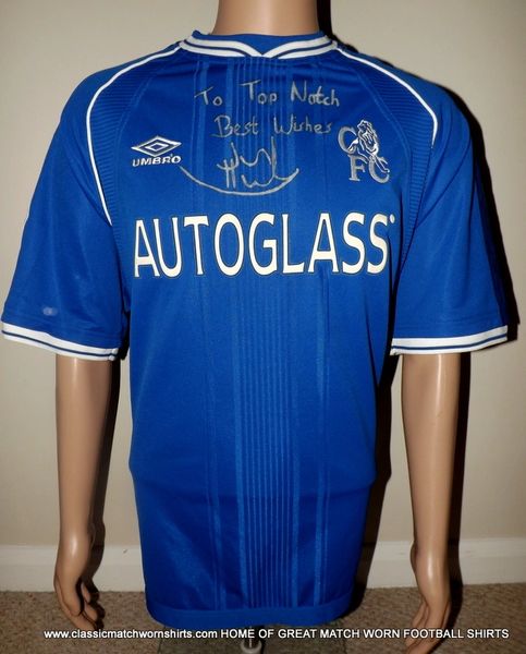 1999 CHELSEA MATCH WORN HOME SHIRT JON HARLEY CHAMPIONS LEAGUE V MARSEILLE DEDICATED AND SIGNED