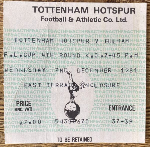 1981/82 ORIGINAL LEAGUE CUP 4TH ROUND TICKET TOTTENHAM HOTSPUR V FULHAM