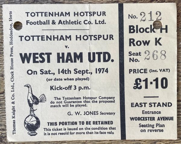 1974/75 ORIGINAL DIVISION ONE TICKET TOTTENHAM HOTSPUR V WEST HAM UNITED