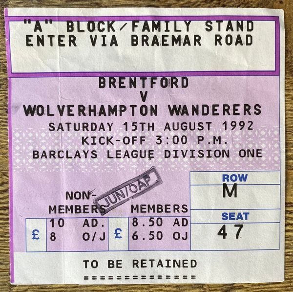 1992/93 ORIGINAL DIVISION ONE TICKET BRENTFORD V WOLVERHAMPTON WANDERERS