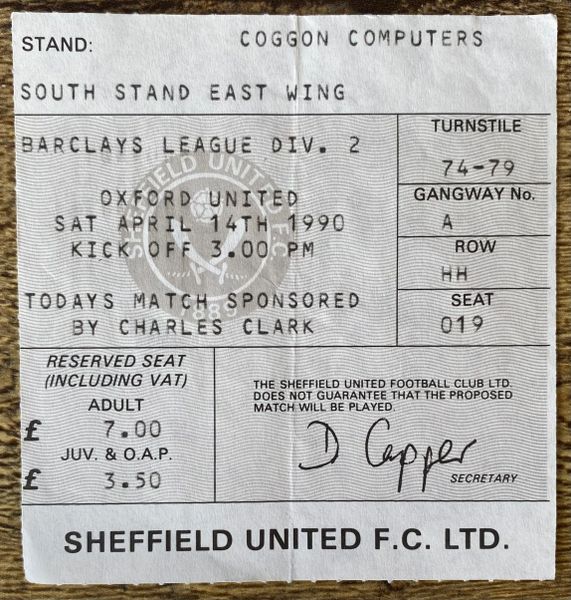 1989/90 ORIGINAL DIVISION TWO TICKET SHEFFIELD UNITED V OXFORD UNITED