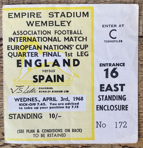 1968 ORIGINAL EUROPEAN CHAMPIONSHIPS QUARTER FINAL 1ST LEG TICKET ENGLAND V SPAIN @WEMBLEY