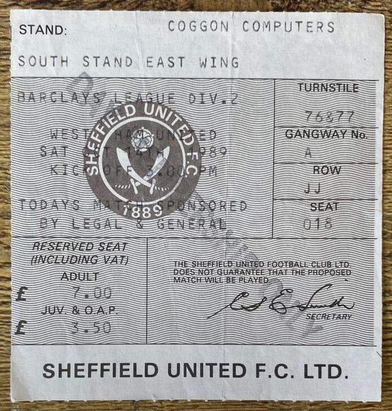 1989/90 ORIGINAL DIVISION TWO TICKET SHEFFIELD UNITED V WEST HAM UNITED