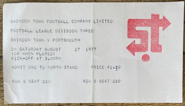 1977/78 ORIGINAL DIVISION THREE TICKET SWINDON TOWN V PORTSMOUTH