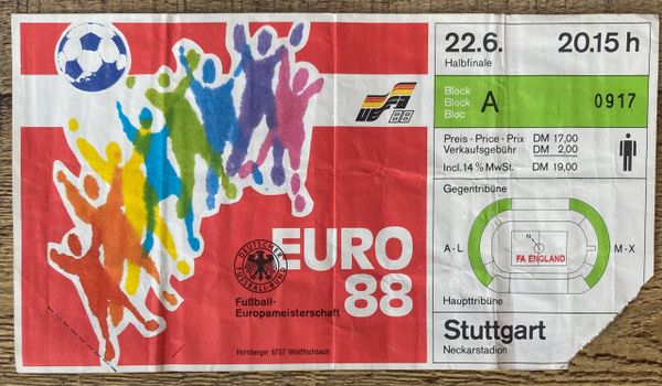 1988 ORIGINAL EURO 88 SEMI FINAL TICKET SOVIET UNION V ITALY @STUTTGART