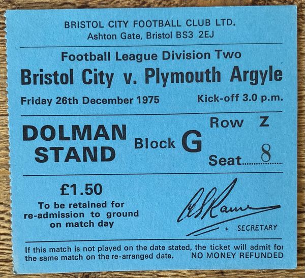 1975/76 ORIGINAL DIVISION TWO TICKET BRISTOL CITY V PLYMOUTH ARGYLE