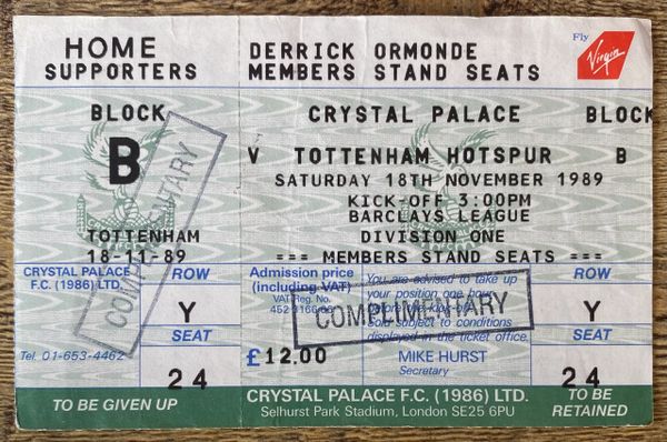 1989/90 ORIGINAL DIVISION ONE UNUSED TICKET CRYSTAL PALACE V TOTTENHAM HOTSPUR