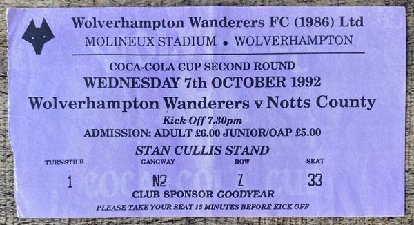 1992/93 ORIGINAL LEAGUE CUP 2ND ROUND 2ND LEG TICKET WOLVERHAMPTON WANDERERS V NOTTS COUNTY