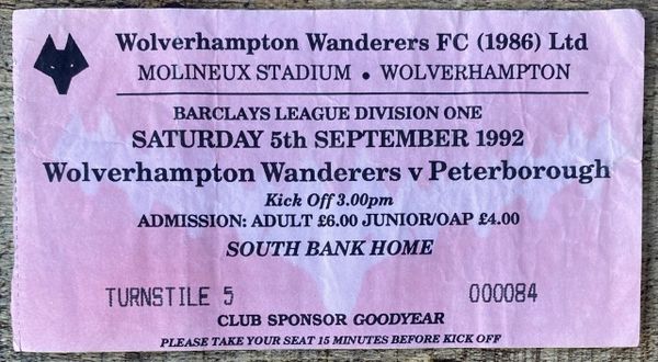 1992/93 ORIGINAL DIVISION ONE TICKET WOLVERHAMPTON WANDERERS V PETERBOROUGH UNITED