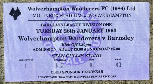 1992/93 ORIGINAL DIVISION ONE TICKET WOLVERHAMPTON WANDERERS V BARNSLEY