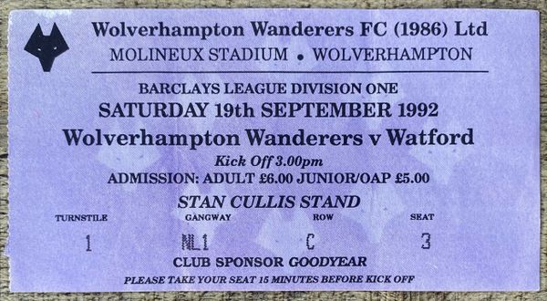 1992/93 ORIGINAL DIVISION ONE TICKET WOLVERHAMPTON WANDERERS V WATFORD