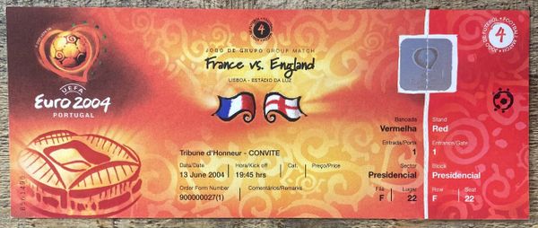 2004 ORIGINAL UNUSED EUROPEAN CHAMPIONSHIPS 1ST ROUND TICKET ENGLAND V FRANCE @LISBON