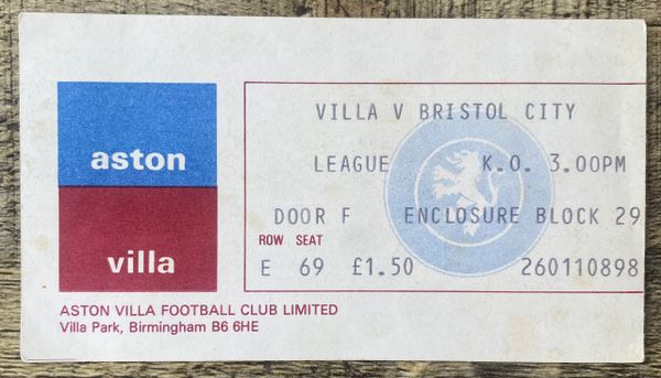 1977/78 ORIGINAL DIVISION ONE TICKET ASTON VILLA V BRISTOL CITY