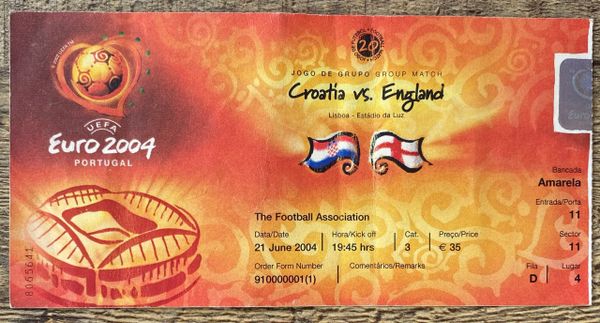 2004 ORIGINAL EUROPEAN CHAMPIONSHIPS 1ST ROUND TICKET ENGLAND V CROATIA @LISBON