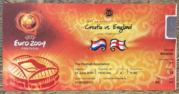 2004 ORIGINAL EUROPEAN CHAMPIONSHIPS 1ST ROUND TICKET ENGLAND V CROATIA @LISBON