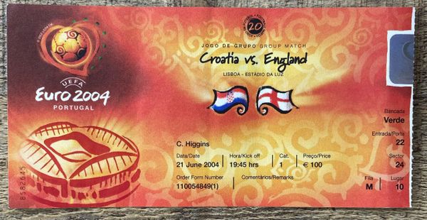 2004 ORIGINAL EUROPEAN CHAMPIONSHIPS 1ST ROUND TICKET ENGLAND V CROATIA @LISBON