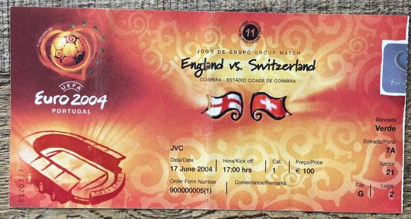 2004 ORIGINAL EUROPEAN CHAMPIONSHIPS 1ST ROUND TICKET ENGLAND V SWITZERLAND @COIMBRA