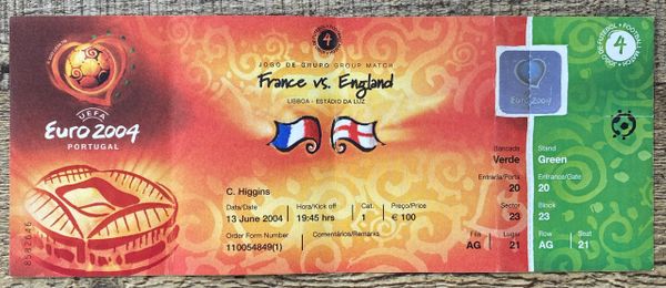 2004 ORIGINAL UNUSED EUROPEAN CHAMPIONSHIPS 1ST ROUND TICKET ENGLAND V FRANCE @LISBON