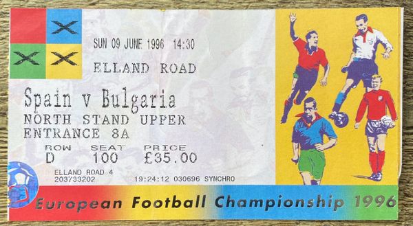 1996 ORIGINAL EURO 96 1ST ROUND TICKET SPAIN V BULGARIA @ELLAND ROAD LEEDS