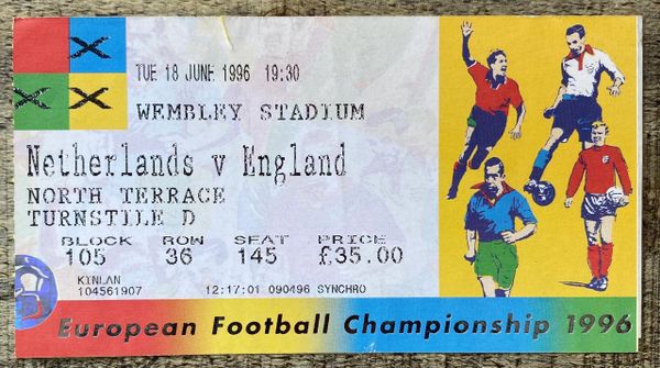 1996 ORIGINAL EURO 96 1ST ROUND TICKET NETHERLANDS V ENGLAND @WEMBLEY, LONDON