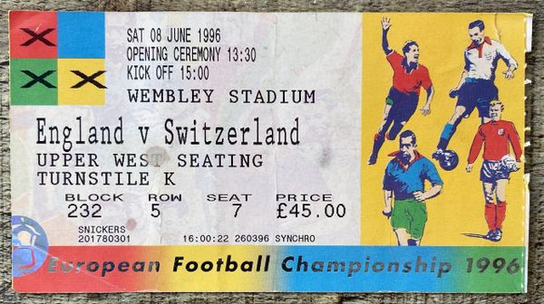 1996 ORIGINAL OPENING GAME EURO 96 1ST ROUND TICKET SWITZERLAND V ENGLAND @WEMBLEY