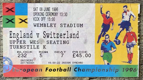 1996 ORIGINAL OPENING GAME EURO 96 1ST ROUND TICKET SWITZERLAND V ENGLAND @WEMBLEY