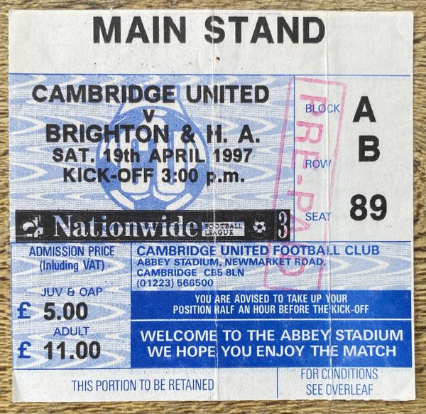 1996/97 ORIGINAL DIVISION THREE TICKET CAMBRIDGE UNITED V BRIGHTON AND HOVE ALBION