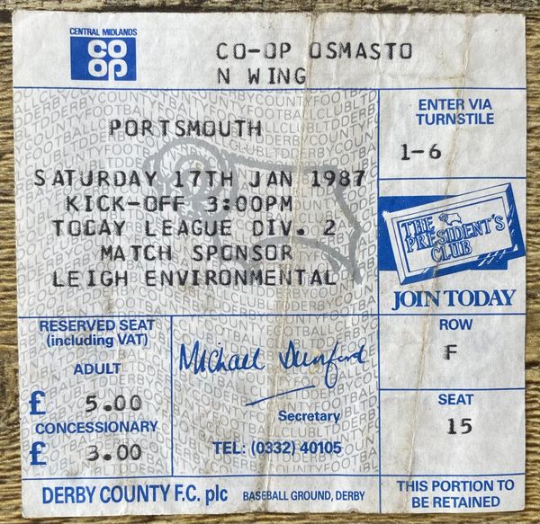 1986/87 ORIGINAL DIVISION TWO TICKET DERBY COUNTY V PORTSMOUTH