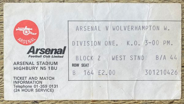 1979/80 ORIGINAL DIVISION ONE TICKET ARSENAL V WOLVERHAMPTON WANDERERS