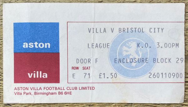 1977/78 ORIGINAL DIVISION ONE TICKET ASTON VILLA V BRISTOL CITY