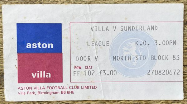 1980/81 ORIGINAL DIVISION ONE TICKET ASTON VILLA V SUNDERLAND